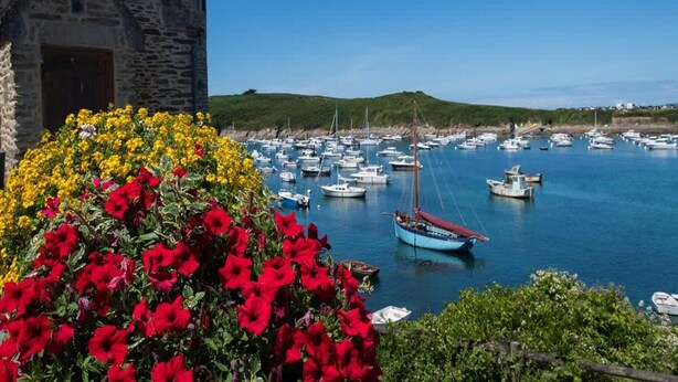 Ein Steinhaus mit einem Turm, ein Hafen voller Boote und im Vordergrund leuchtend bunte Blumen.