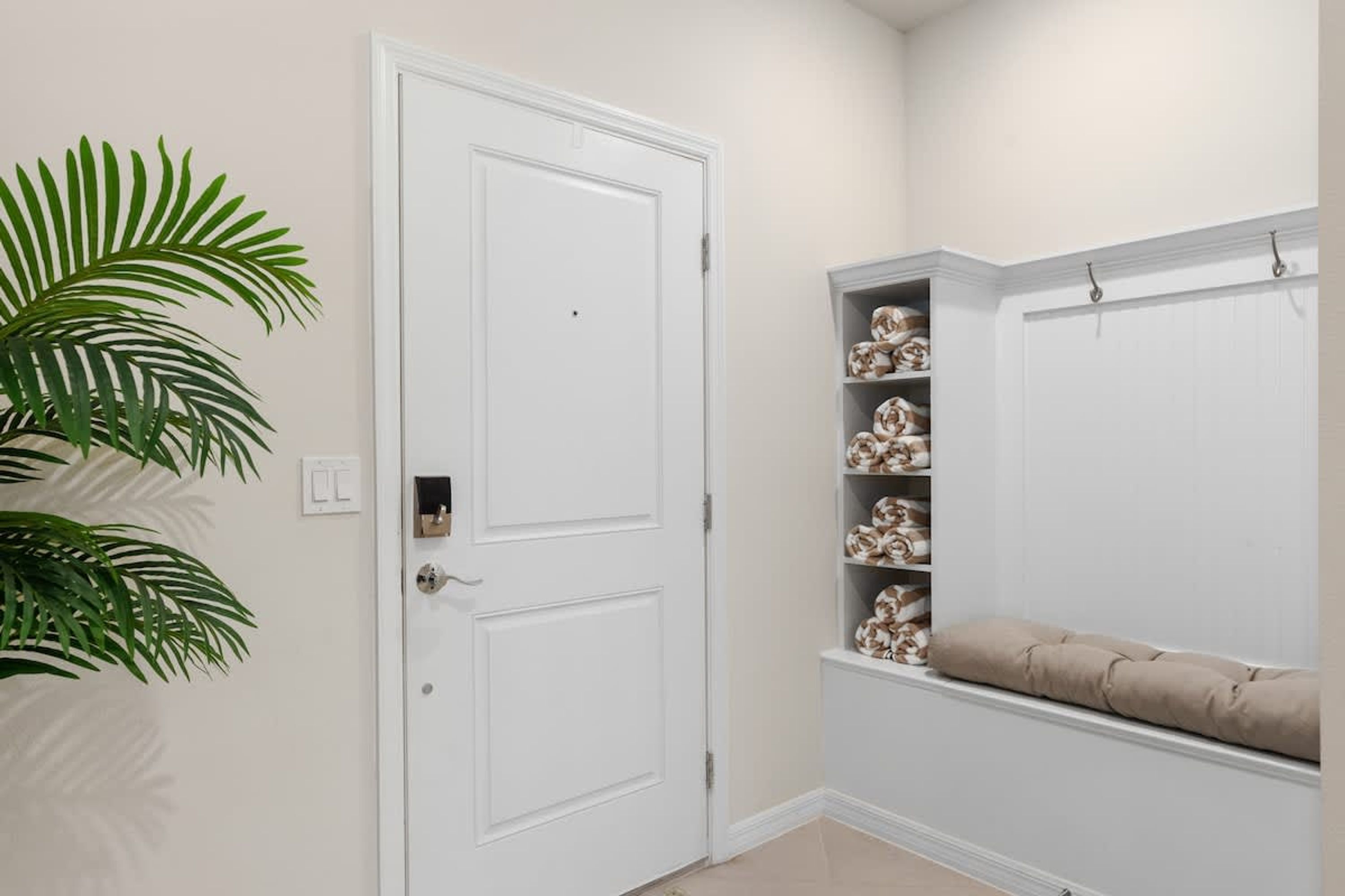 A white door with a lock, a shelf unit with patterned items, and a potted plant.