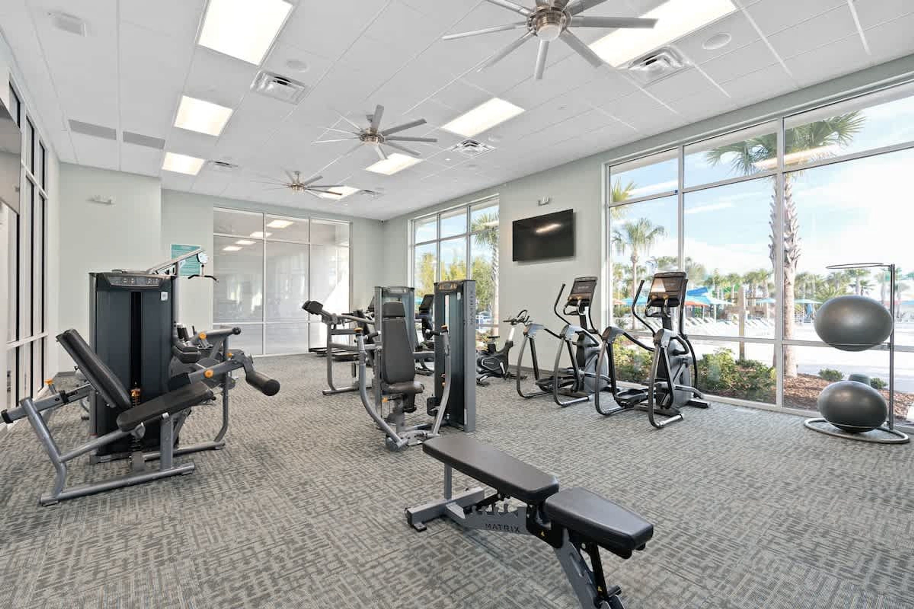 A gym with various exercise equipment, large windows, and ceiling fans.