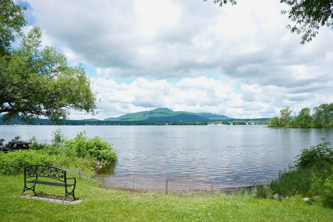 A lakeside view with a bench, grassy area, and distant mountains.