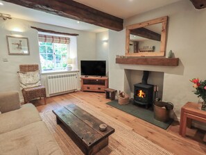 Una sala de estar acogedora con chimenea, muebles de madera, televisor y ventana con vista a vegetación.