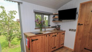 A kitchen with a wooden countertop, a window with a flower vase, a mounted TV, and a door. - Bramleys (Watchet)