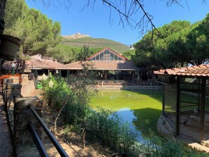 A traditional building with a red roof, a pond, and surrounding greenery. - Montazah Residence (Bizerte)