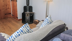 A cozy room with a wood-burning stove, a sofa with patterned cushions, and a wooden door. - Damsons (Taunton)