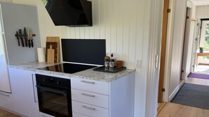 Una cocina moderna con horno empotrado, televisor de pantalla plana y encimera con lavamanos.