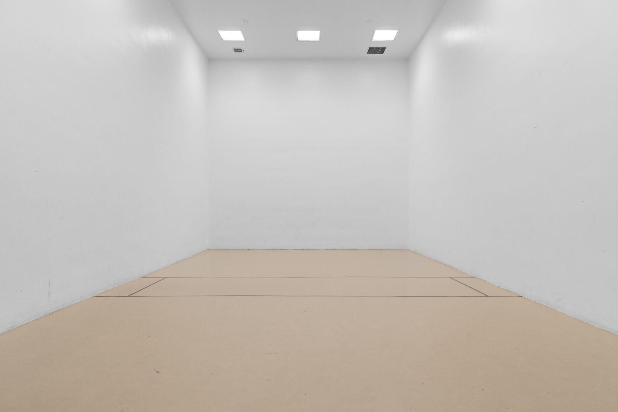 A room with white walls, a beige floor, and three ceiling lights.
