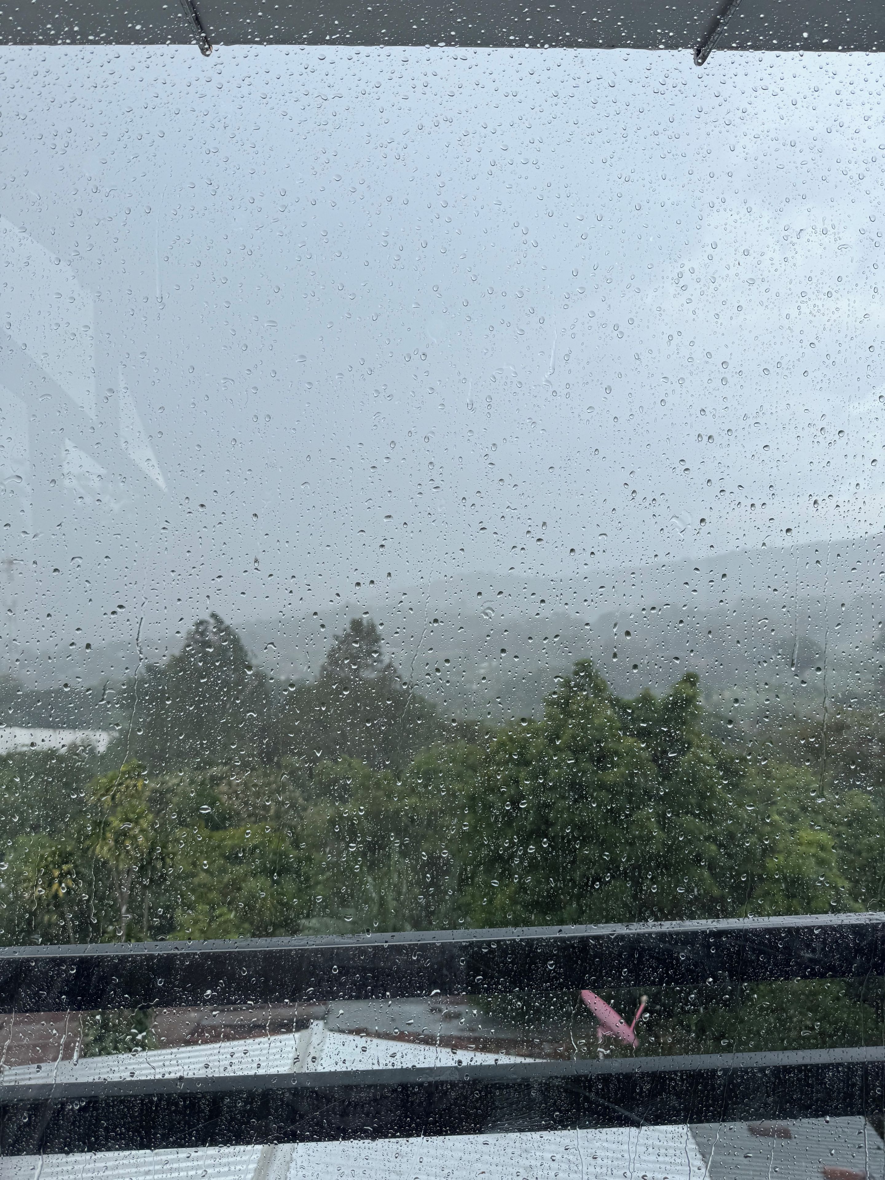 A view through a window with raindrops, a building, and trees.