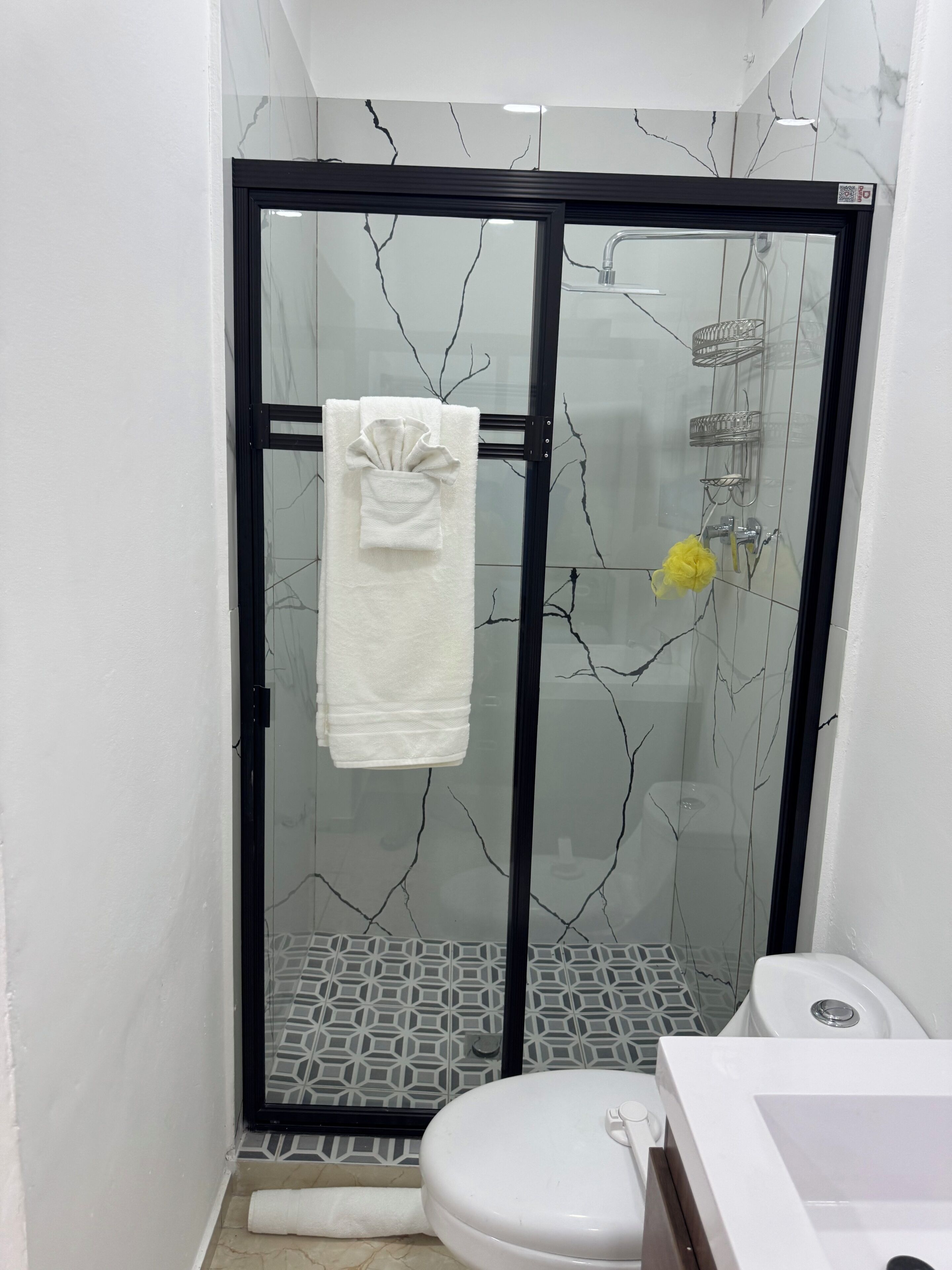 Hair dryer, towels, soap, toilet paper