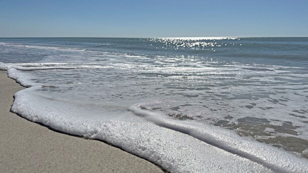 Une plage où les vagues viennent doucement lécher le rivage.