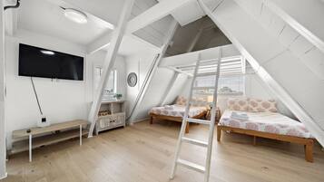A loft bedroom with a TV, two beds, a ladder, and a wooden floor.