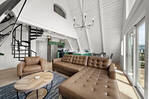 Living area - Cozy A-frame with Gulf View, Yard & Fire Pit (Surfside)