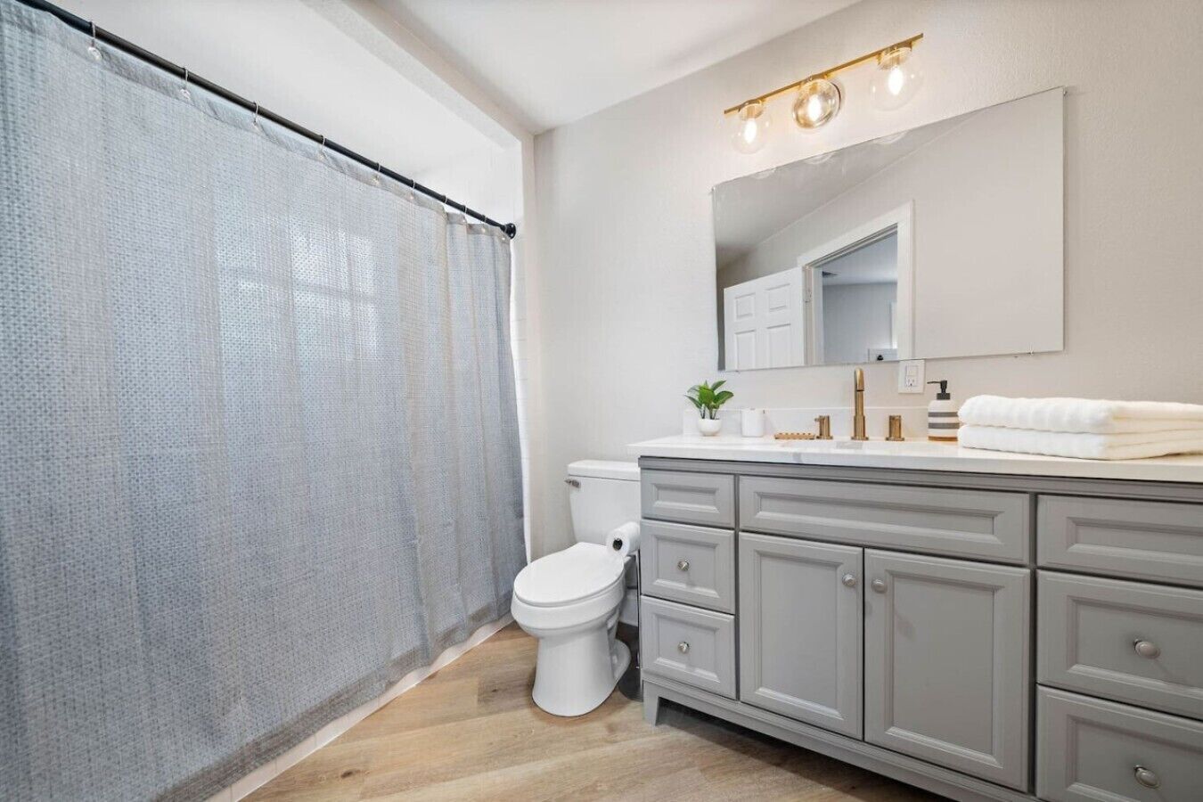 A bathroom with a toilet, a vanity with a mirror, and a shower curtain.