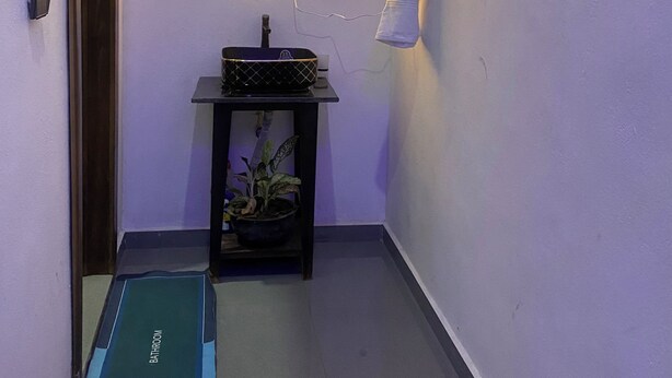 Un pasillo estrecho con un tapete de baño, una mesita con una planta en maceta, una lámpara de pared y una puerta.