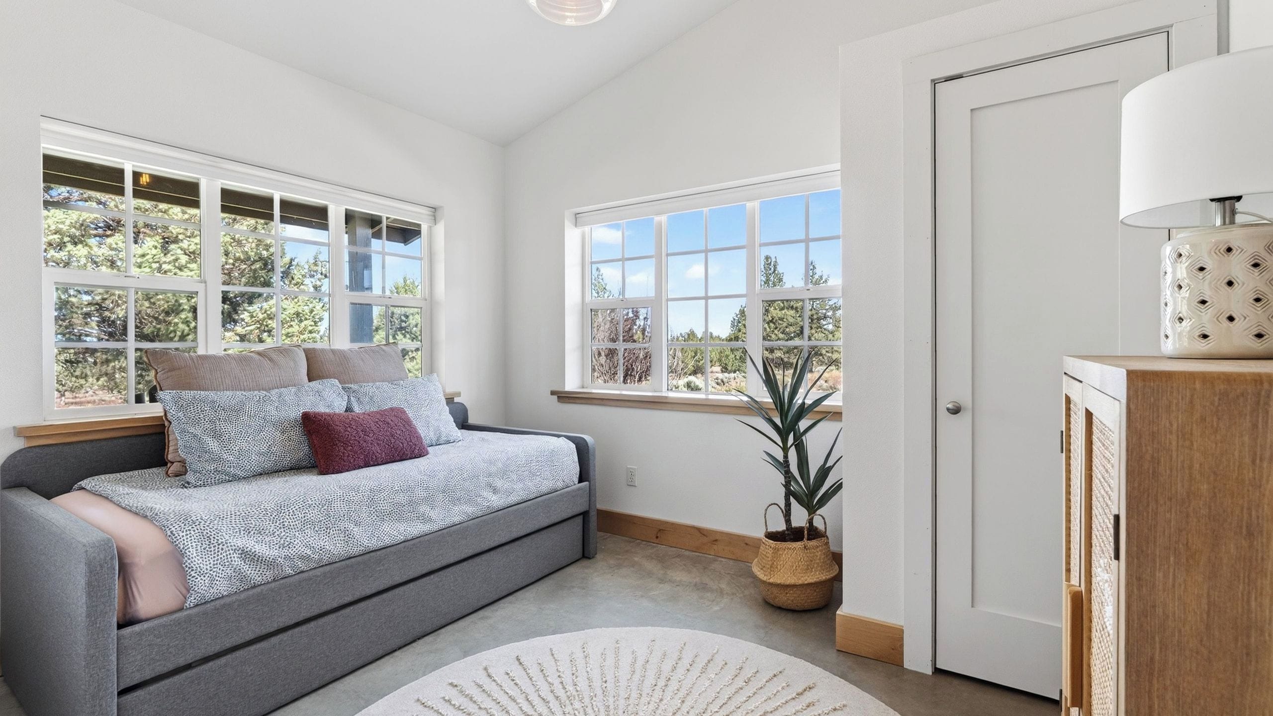 Une chambre à coucher avec un lit, des fenêtres, une porte, une lampe et une plante.