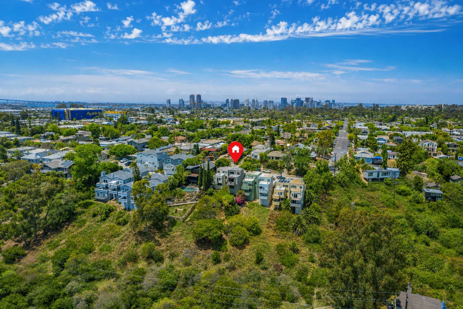 An aerial view of a residential area with houses, greenery, and a city skyline in the background.