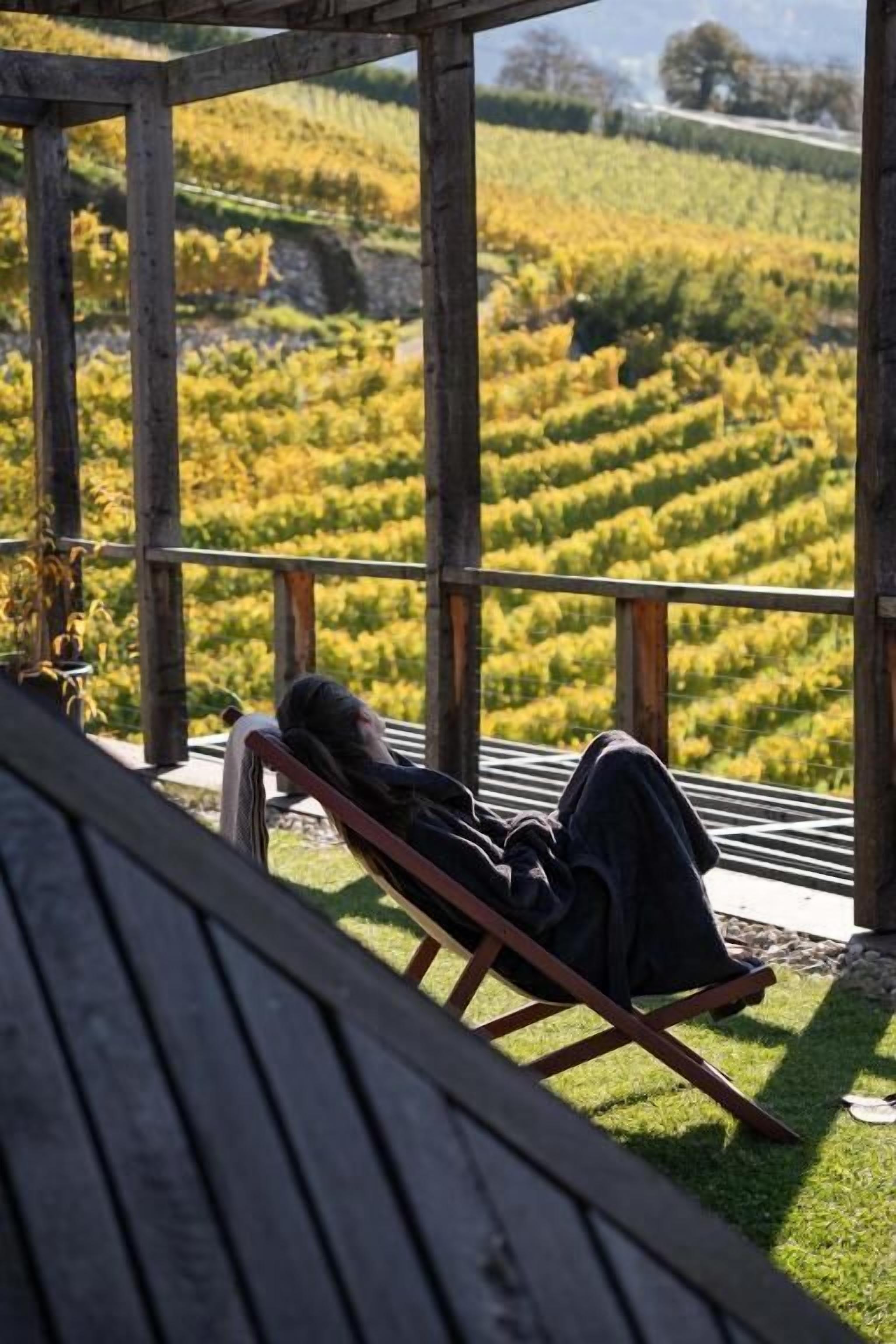 Eine Holzterrasse mit Liegestuhl mit Blick auf einen Weinberg.