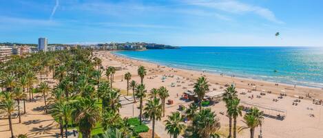 A beach with palm trees, a sandy shore, and a clear blue sky.