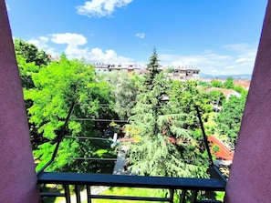 Un balcon donnant sur un quartier résidentiel, des arbres et des immeubles.