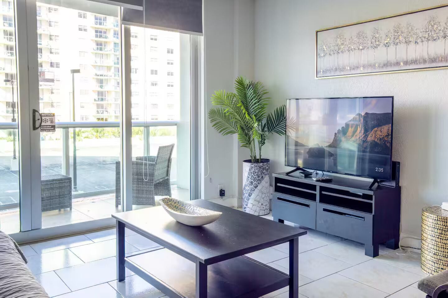 A modern living room with a flat-screen TV, a coffee table, a potted plant, and a sofa.