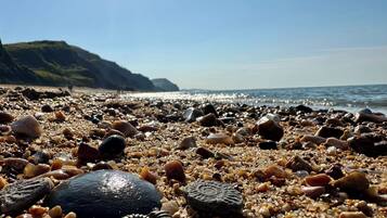 A pebble beach with a clear sky and distant hills.