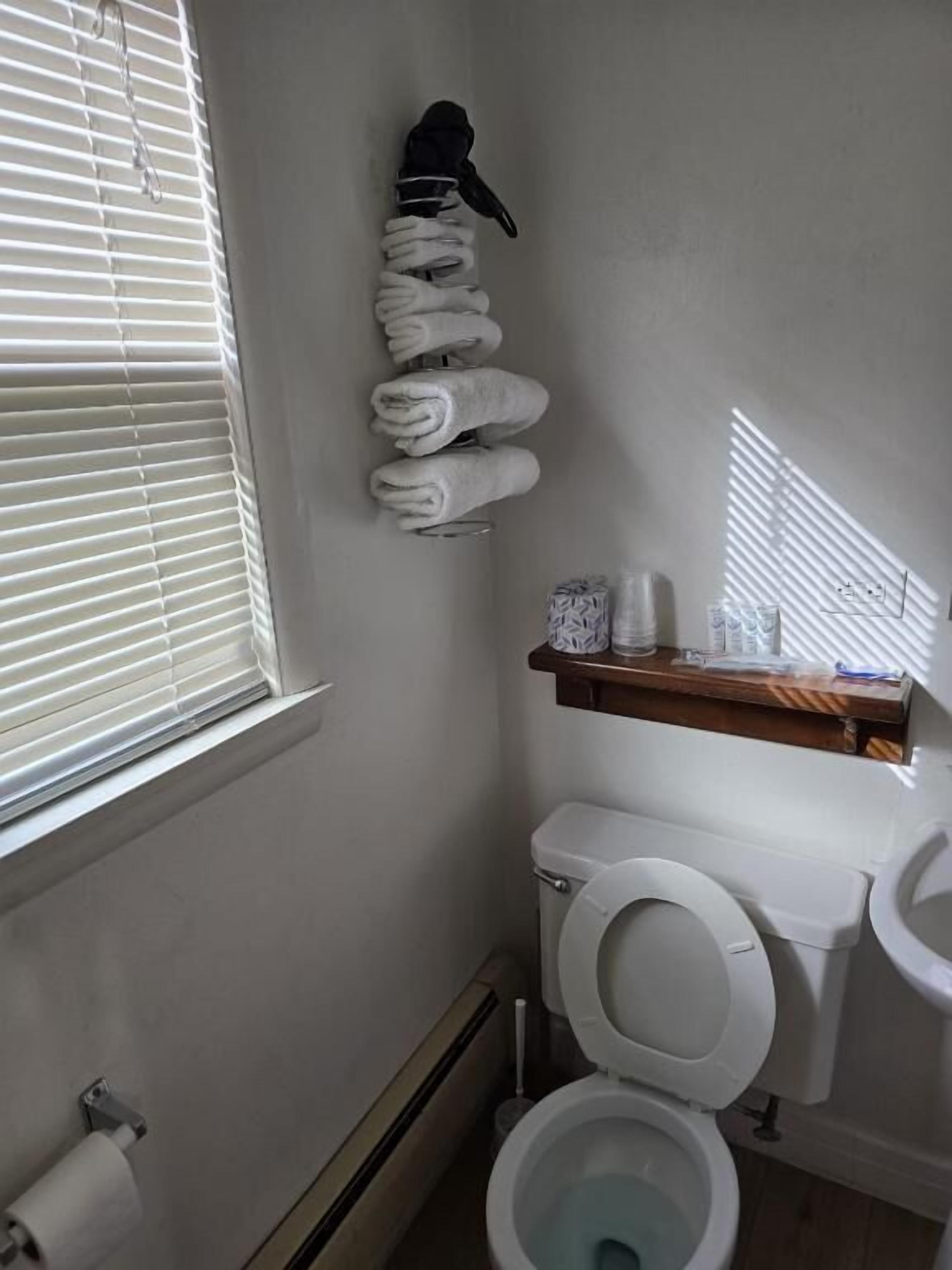 Regadera, toallas, papel de baño 