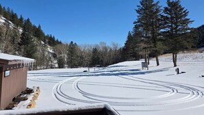 Paisagem coberta de neve com um edifício e árvores.