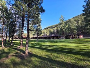 Un bâtiment comprenant plusieurs pièces, entouré d’une zone herbeuse et d’arbres.