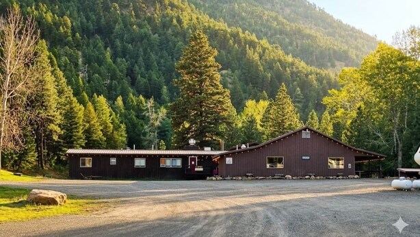 Un edificio rústico con un camino de grava, rodeado de un bosque denso y con montañas al fondo.