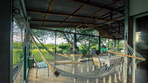 A hammock under a metal roof with a view of a garden. - Gato&Culla House (La Fortuna)