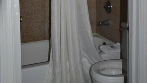 Un baño con cortina de ducha, inodoro y bañera.