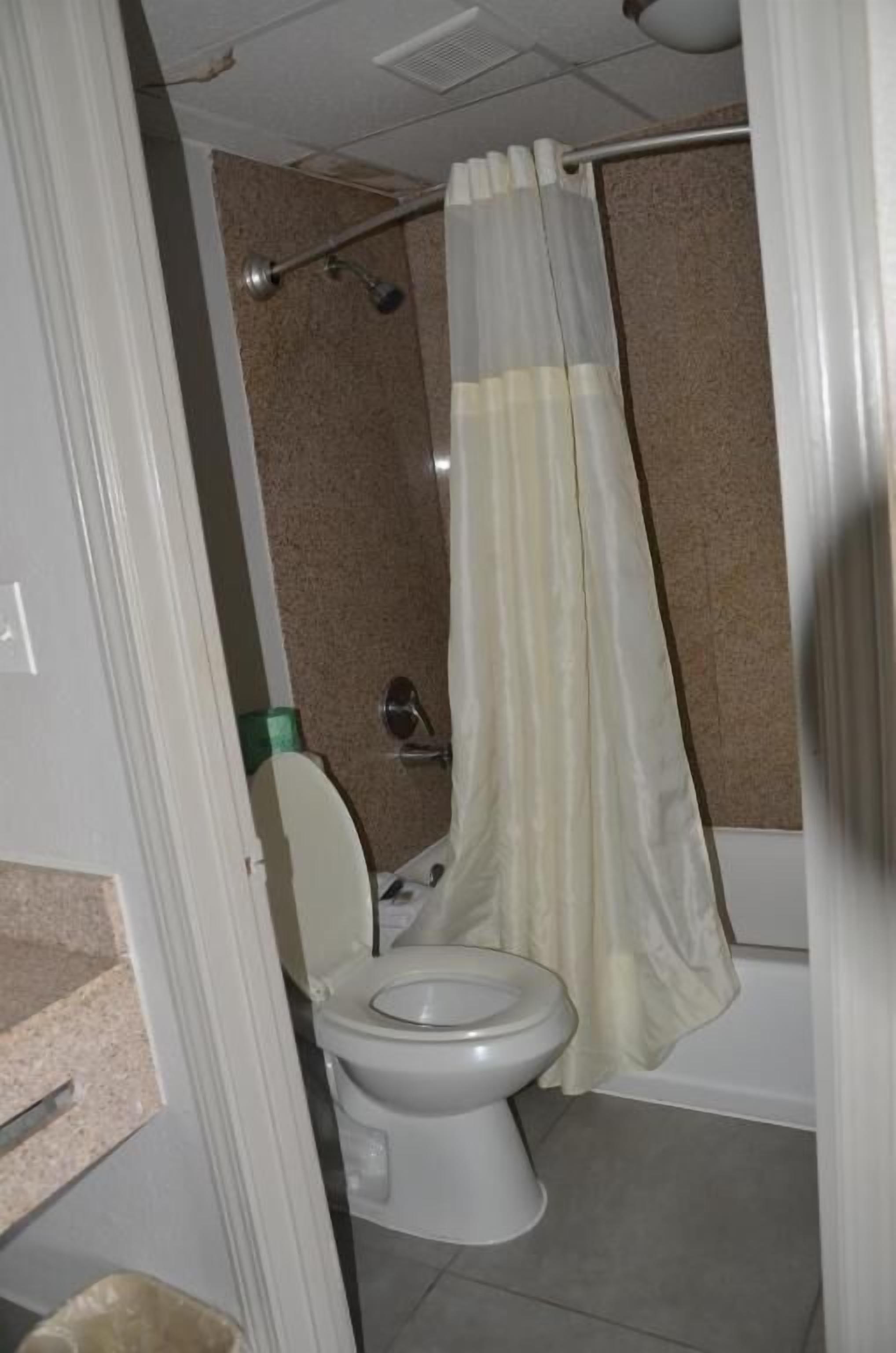 Une salle de bain équipée de toilettes, d’un rideau de douche et d’une poubelle visible.