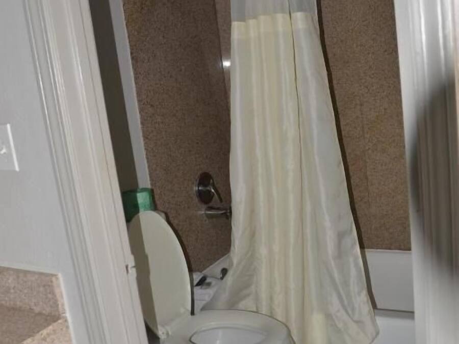 Une salle de bain équipée de toilettes, d’un rideau de douche et d’une poubelle visible.