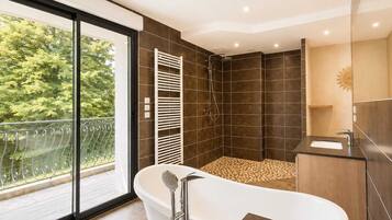 Douche, sèche-cheveux, serviettes fournies, papier toilette