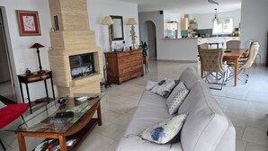 Un salon avec une cheminée, un canapé, une table à manger et un coin cuisine.