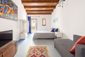 Ein Zimmer mit einem Bett, einem Sofa, einem Fernseher und einem farbenfrohen Teppich.