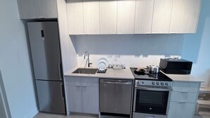 A compact kitchen with a refrigerator, dishwasher, stove, and microwave.