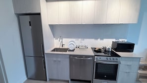 A compact kitchen with a refrigerator, dishwasher, stove, and microwave.
