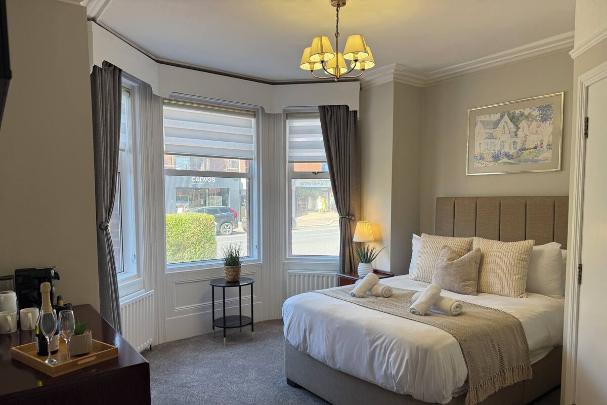 A hotel room with a large bed, a bedside lamp, a small table with a plant, and a view of the street through large windows.