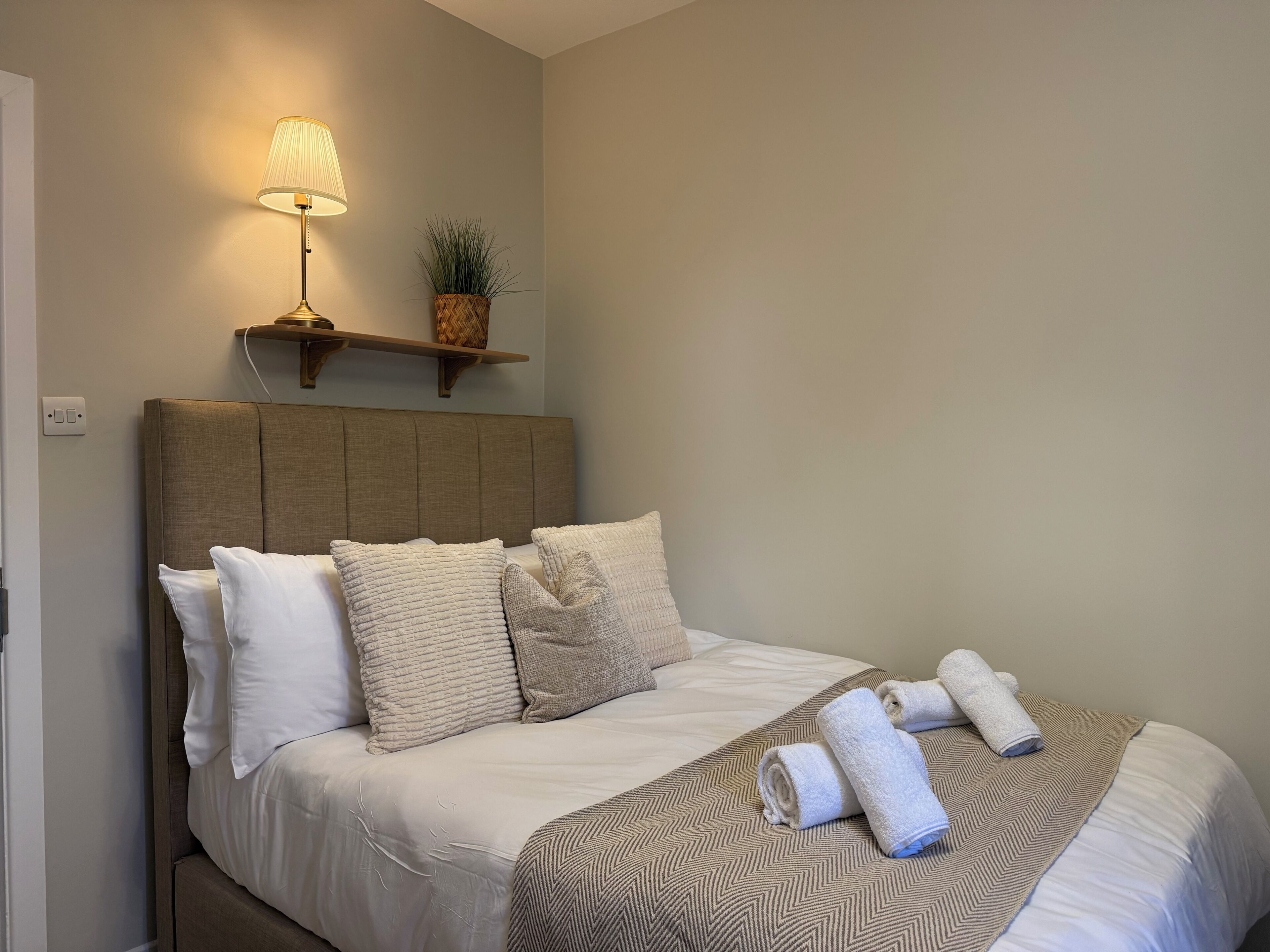 A neatly made bed with pillows, a lamp, and a plant on a shelf.
