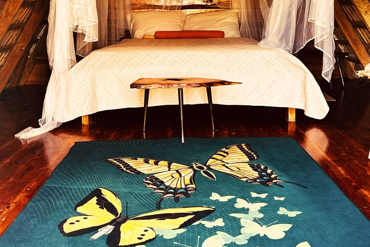A room with a bed under a canopy, a fan, and a rug with butterfly designs.