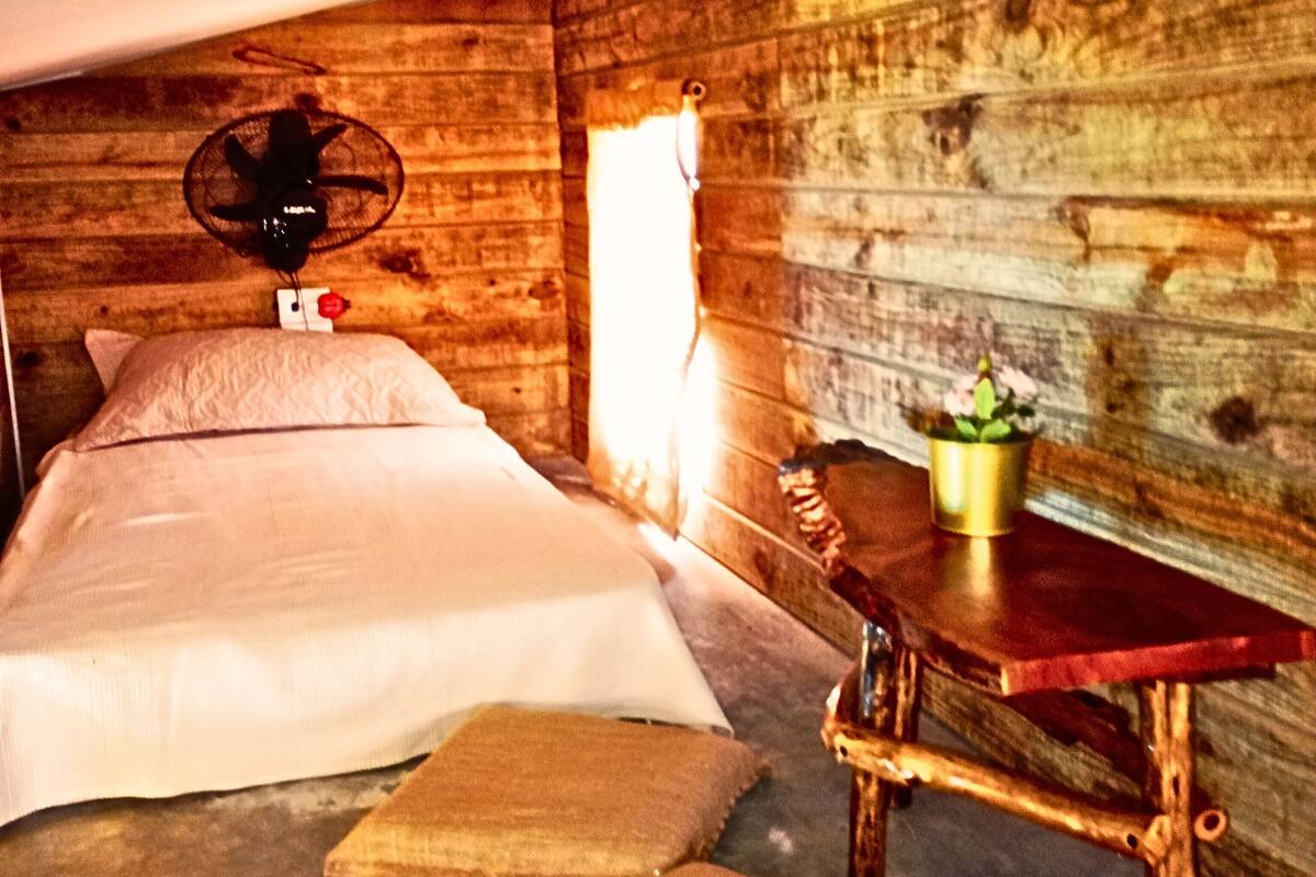 A wooden cabin room with a bed, a fan, a table with a plant, and a window.