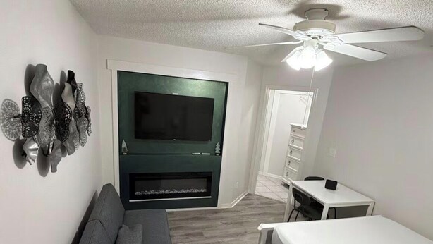 Une chambre moderne avec un canapé gris, un lit, une télévision et un ventilateur de plafond.