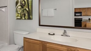 A bathroom with a shower, toilet, sink, and a large mirror reflecting a kitchen area.