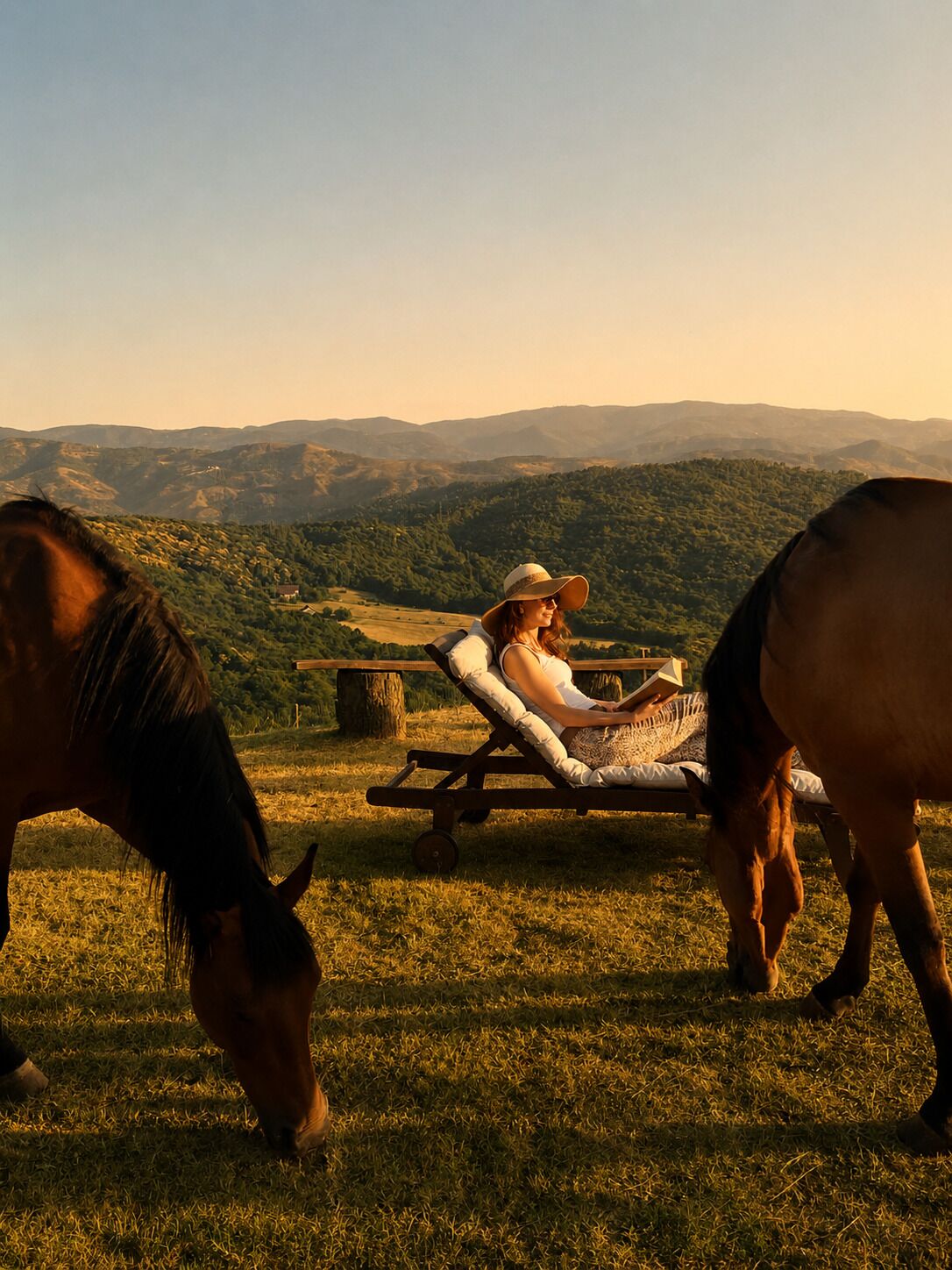 Une personne se détend sur un banc en bois dans un champ verdoyant, avec des chevaux à proximité, et d’où l’on peut admirer un paysage montagneux.