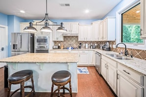 Coffee/tea maker, fridge, microwave, oven - Luxury Concord Retreat | Spacious Home with Hot Tub, Game Room, Pool Table, Fire Pit, Grill & More! (Concord)