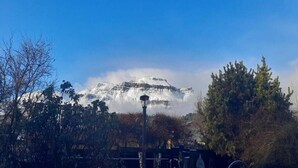 Una montagna con cime innevate, un lampione e alberi sullo sfondo.