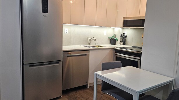 Une cuisine compacte équipée d’un réfrigérateur en acier inoxydable, d’un lave-vaisselle, d’un évier, d’une cuisinière et d’une petite table à manger avec des chaises.