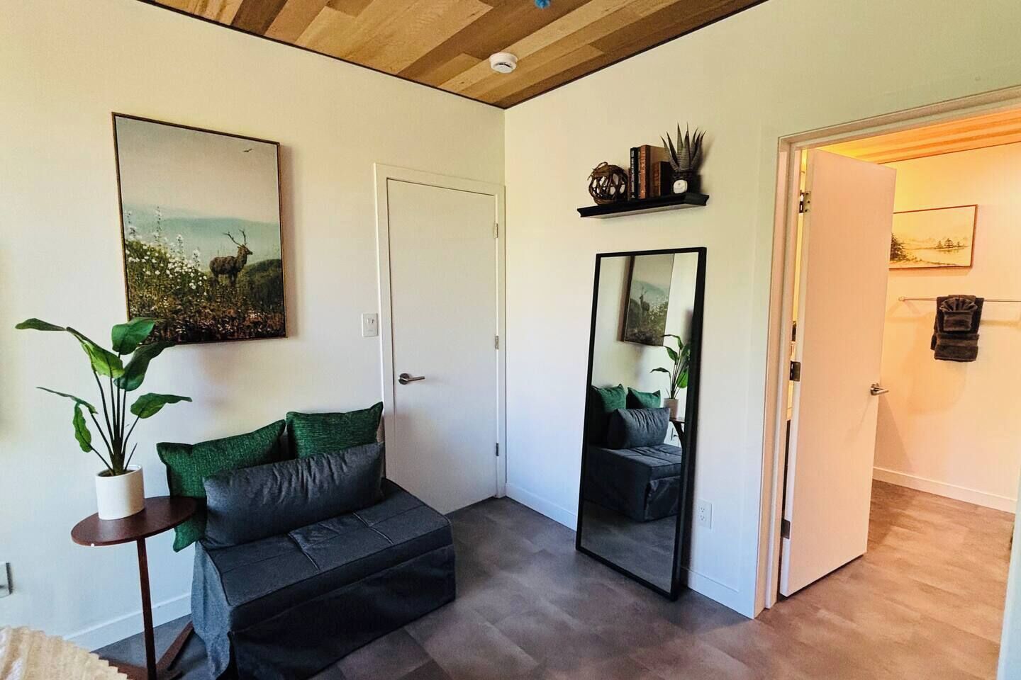 Une pièce comprenant un canapé, un grand miroir, une plante en pot et une porte donnant sur une autre pièce.
