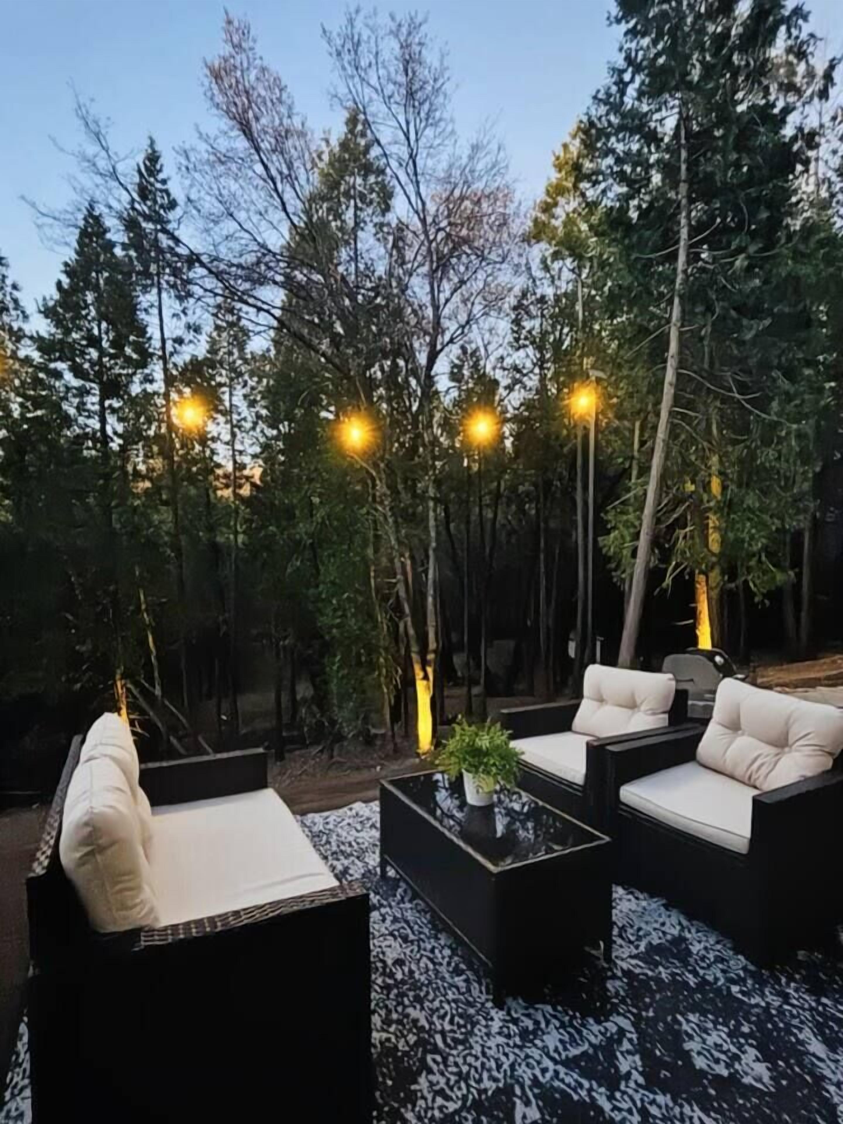 An outdoor seating area with sofas and a coffee table, surrounded by trees and illuminated by string lights.