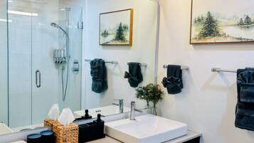 Uma casa de banho moderna com cabine de duche em vidro, uma sanita branca e duas pinturas emolduradas de paisagens na parede.